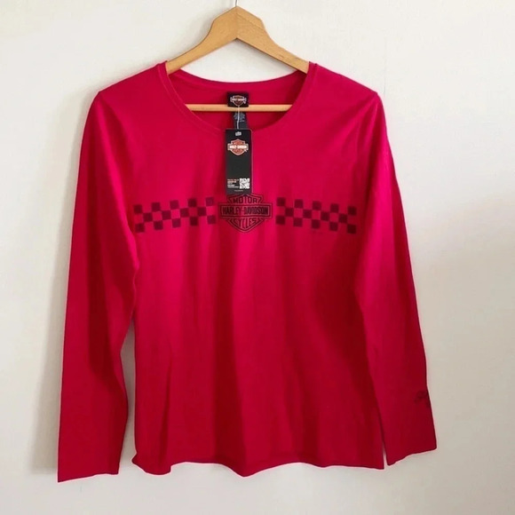 Harley-Davison cherry red and black long sleeve graphic logo tee size M - Picture 1 of 7